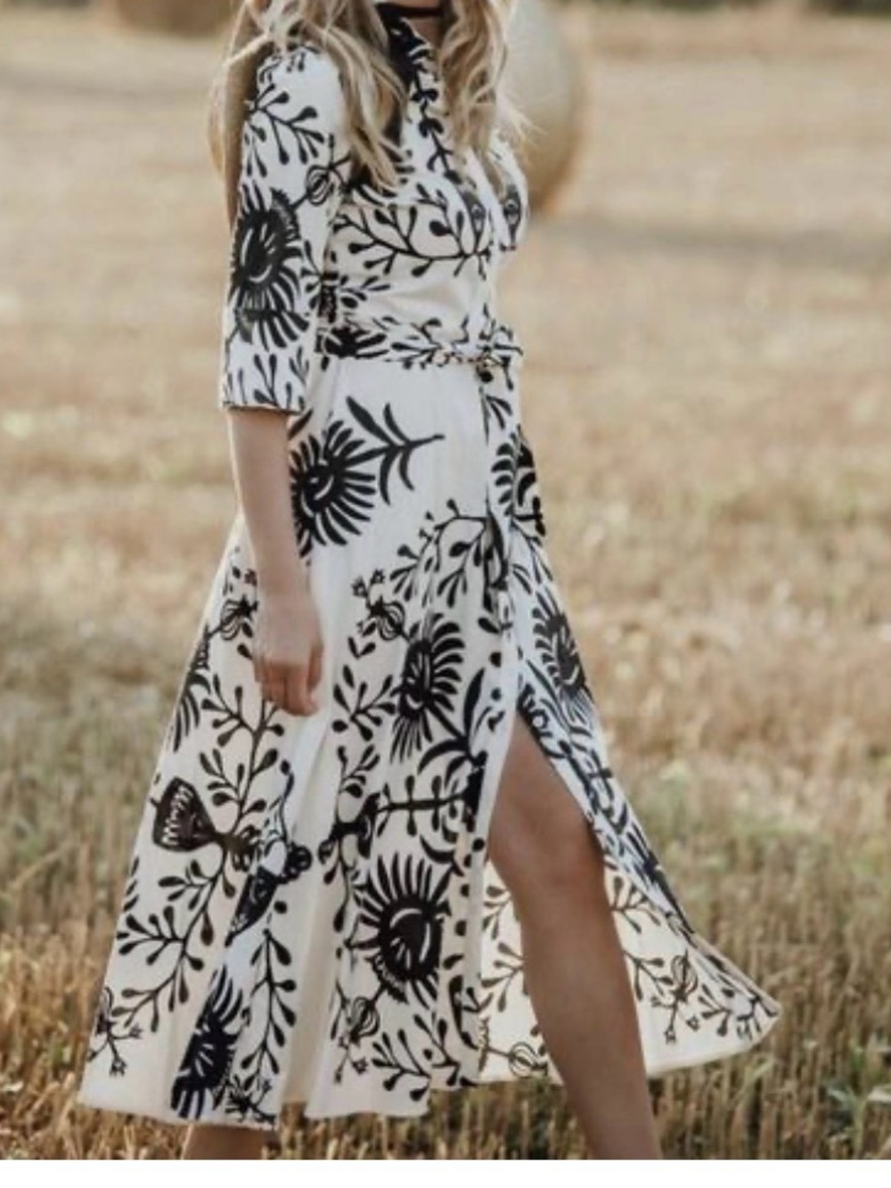 XL ZARA NWT PRINTED MIDI SHIRT DRESS BLACK WHITE - cotton Dress with belt